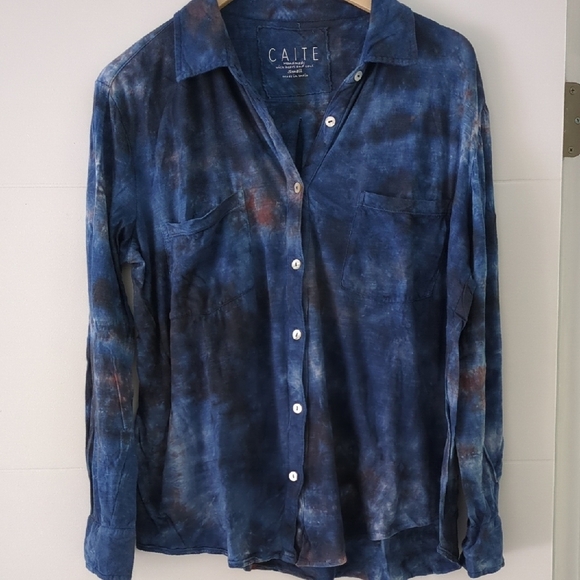 Caite Blue Tie-Dye Cotton Boho Beachy Button Down Oversized Relaxed Fit Shirt S - Picture 1 of 5